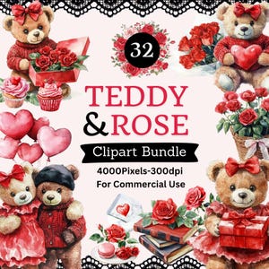 Paquete de 32 imágenes prediseñadas de osos de peluche y rosas: rosas, corazones, globos, coronas, dulces, patrones y más. PNG 4000 px 300 dpi Uso comercial instantáneo