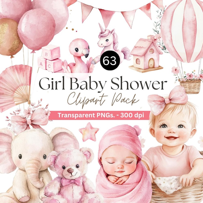 Watercolor Girl Baby Shower Clipart: 63 PNG Bundle (digital Download ...