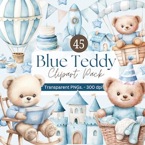 45 Blauer Teddy Aquarell Clipart - Baby Bär Illustrationen, Kinderzimmer Dekor, Geburtstag, Babyparty, PNGs, sofort digitaler Download.