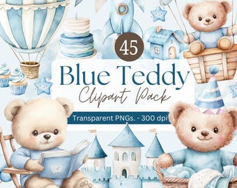 Puede incluir: Un conjunto de 45 imágenes de clipart con temática de osito de peluche azul. El clipart incluye un osito de peluche en un globo aerostático, un osito de peluche en una mecedora, un osito de peluche en una cesta, un osito de peluche con un gorro de fiesta, un castillo azul y un cohete.