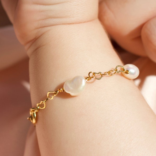 Baby "Ariel" Freshwater Pearl Heart Chain Bracelet | 18k Gold Plated | Keepsake Bracelet Gift for Mom | Toddler Girl Jewelry | Little Sister