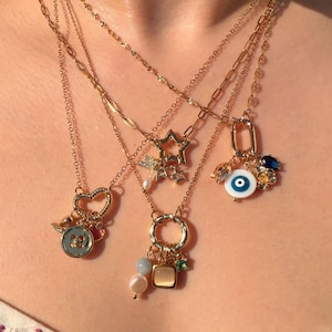 Build Your Own Custom Charm Jumble Necklace, 18K Gold Dainty Charm Carabiner Necklace, Customizable Charm Stack Necklace, Clasp Necklace