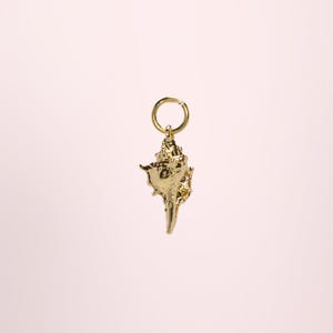 May include: A gold-coloured seashell charm with a small ring at the top. The charm has a textured surface and is suspended against a soft pink background. This jewellery piece is likely a pendant or earring charm.