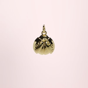 Peut inclure: Pendentif doré en forme de coccinelle. Le pendentif est doté d'une boucle pour une chaîne et est orné de petits accents ronds. La carapace de la coccinelle est segmentée et présente une finition polie.
