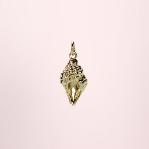 Peut inclure: Pendentif en forme de coquillage doré, avec une surface texturée et une petite boucle pour une chaîne. Le pendentif est une réplique détaillée d'un coquillage, mettant en valeur sa forme naturelle. Le fond est rose clair.