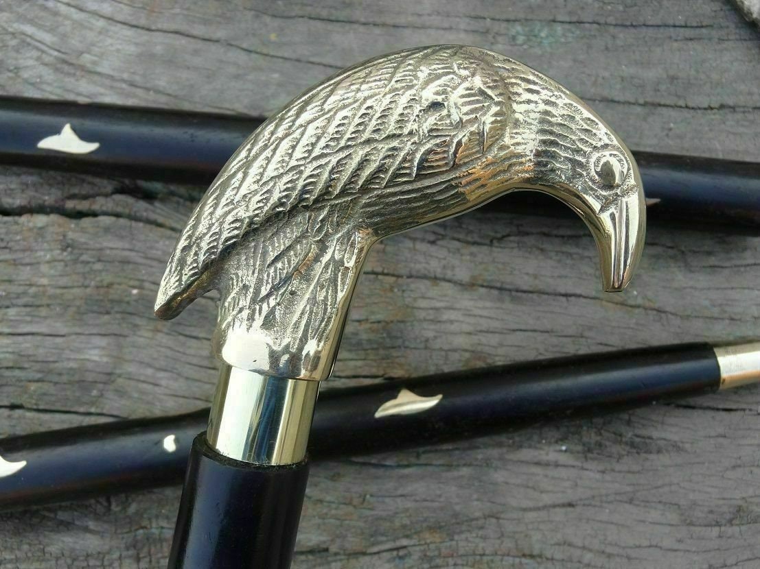 Antique Designer Brass Crow Head Handle Victorian Cane Wooden Walking Stick Gift 