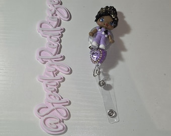 Nurse purple clay Badge Reel - ID holder - Work Badge