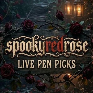 May include: A dark, atmospheric image featuring a wooden sign with the text "spookyredrose LIVE PEN PICKS" surrounded by dark red roses and thorny vines. Lanterns with lit candles hang in the background, creating a mystical ambiance.