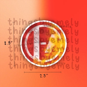 May include: A 2.5 inch diameter round sticker with a red and yellow design. The sticker features the letter "E" in a white circle with a red outline. The background is a yellow and orange gradient.