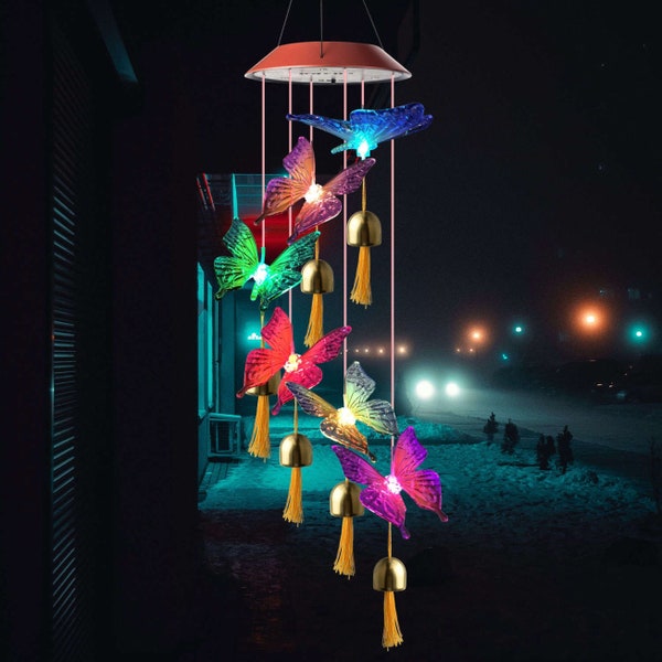 Campana de viento LED con energía solar de mariposa, cambio de color, decoración al aire libre, iluminación de patio