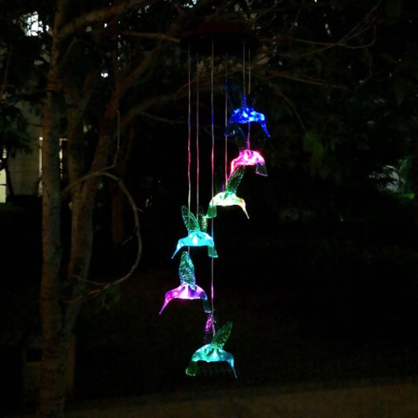 Solar Powered LED Wind Chime, Color Changing, Outdoor Decoration, Patio Lighting, Garden Solar Power Windchimes, Hummingbird or Butterfly