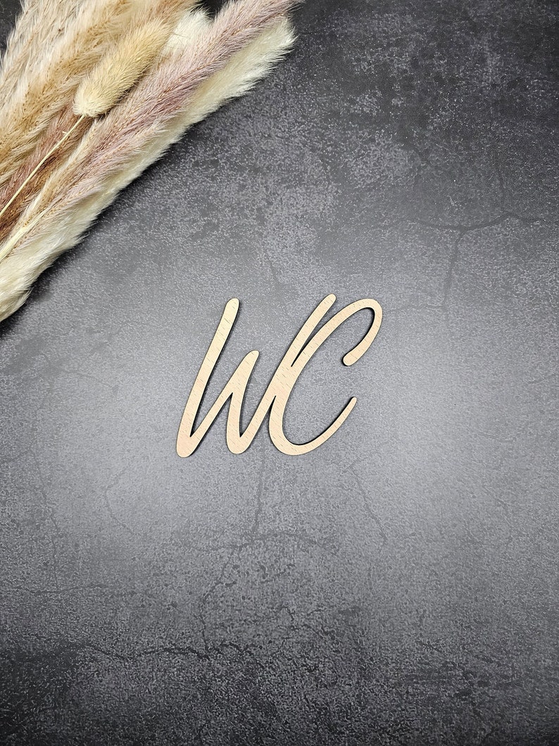 May include: A wooden sign with the letters "WC" in a cursive font, on a dark gray background with dried pampas grass in the top left corner.