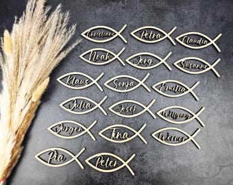 Personalisierte Namensschilder in Fischform aus Holz – Deko Tischkarten für Taufe, Kommunion, Firmung & Konfirmation – Platzkarte Tischdeko