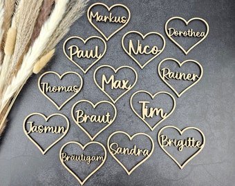 Place cards in heart shape – Wedding, baptism, birthday & communion – Personalized name tags made of beech – Individual table decoration