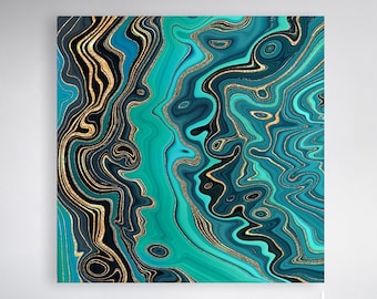 Jade Geode + Gold Fluid Art Canvas, Abstract Teal/Green/Gold Modern Art Painting, Large Canvas Wall Art, Home + Office Decor, Ready To Hang