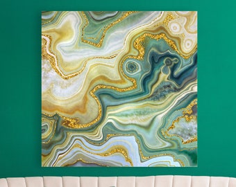 Moss Geode Agate Art Canvas Print, Yellow-Green + Gold Painting, Illustration Of Crystal Geode Wall Art, Home + Office Decor, Ready To Hang