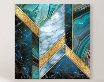 Geometric Gold + Teal Blue Canvas, Modern Industrial Painting, Large Gallery-Wrapped Square Wall Art, Home + Office Decor, Ready To Hang