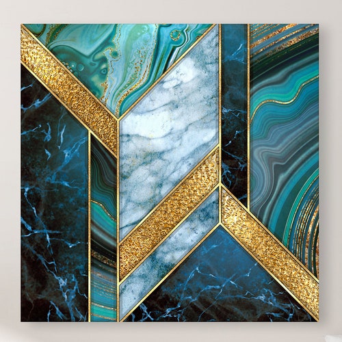 Geometric Gold Teal Blue Canvas Modern Industrial Painting Etsy