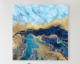Marbled Blue + Gold Canvas, Abstract Watercolor Modern Art Painting, Large Gallery-Wrapped Wall Art, Home + Office Decor, Ready To Hang