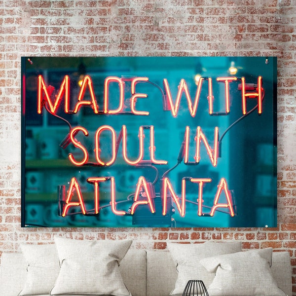 Made With Soul In Atlanta Canvas Art, Canvas Print Of Blue + Red Neon Sign, Atlanta City Wall Art, Georgia Home Decor, Ready-To-Hang Canvas