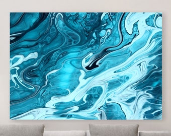 Blue Ocean Calm Art Canvas, Aqua Teal Fluid Art Canvas Print, Beautiful Abstract Ocean Wall Art, Home + Office Painting Decor, Ready To Hang
