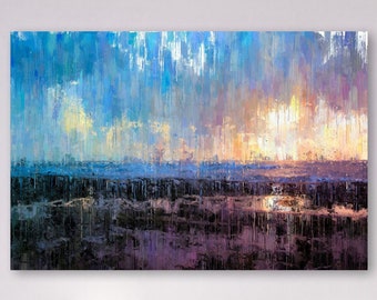 Rainy Sunset Glow Canvas Art, Beautiful Blue + Gold Ocean Wall Art, Abstract Impressionist Beach Sunrise Painting, Calming Home Wall Decor