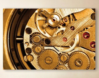 Gears Of Time Canvas Print, Beautiful Art Of Burnished Brass Mechanical Watch, Large Classy Home + Office Wall Art, Ready-To-Hang Painting