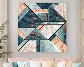 Teal Geode + Cream Canvas Art, Modern Industrial Geometric Painting, Stylish Gallery-Grade Square Wall Art, Home/Office Decor, Ready To Hang