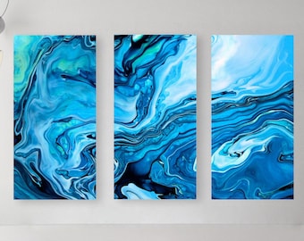 Ocean Blue Fluid Art Canvas, Abstract Watercolor Modern Art Painting, Large Gallery-Wrapped Wall Art, Home + Office Decor, Ready To Hang