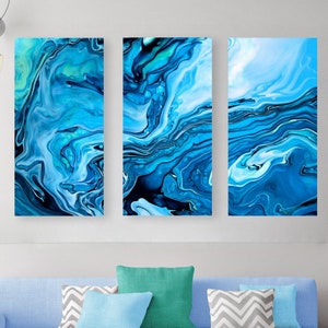 Ocean Blue Fluid Art Canvas, Abstract Watercolor Modern Art Painting, Large Gallery-Wrapped Wall Art, Home + Office Decor, Ready To Hang
