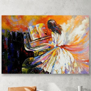 Angel Of Music Canvas Art, Colorful Painting Of Girl In White Dress Playing Piano, Music Artwork, Home Decor, Beautiful Piano Theme Wall Art
