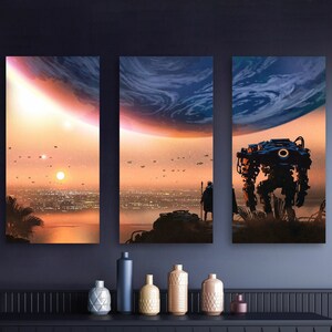 Futuristic Visitors Canvas Art, Astronaut + Robot + Space Art, Epic Sci-Fi Painting, Cool Video Game Wall Art, Ready-To-Hang Alien World Art
