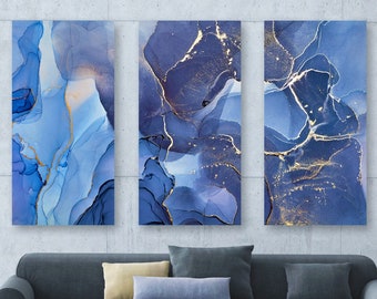 Indigo Blue + Gold Canvas Art, Dreamy Alcohol Ink Painting, Beautiful Abstract Watercolor Wall Art, Calm Navy Blue Home + Office Wall Decor