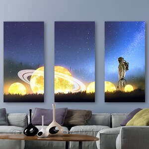 Golden Planets Canvas Art, Surreal Astronaut Painting, Epic Sci-Fi Wall Art, Cool Space Exploration Home Decor, Blue + Gold Fantasy Painting