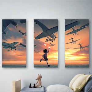 Fly into the Sunset Painting, Beautiful Fantasy Wall Art, Canvas Print of Child Flying Planes, Inspirational Wall Art for Kids, Sci-Fi Art