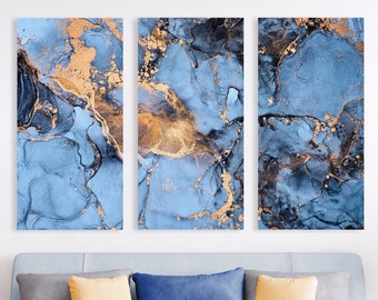 Dreamy Blue + Gold Canvas Art, Beautiful Abstract Alcohol Ink Painting, Calming Watercolor Wall Art, Home Decor, Ready-To-Hang Modern Art