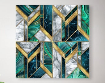 Geometric Emerald Green + Gold Canvas, Fancy Modern Painting Of Green + Teal Geode Crystals, Stylish Wall Art, Ready-To-Hang Home Wall Decor