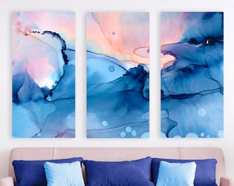 Blush Pink + Ocean Blue Canvas Art, Abstract Watercolor + Alcohol Ink Painting, Calming Pink/Blue Modern Wall Art, Ready-To-Hang Wall Decor