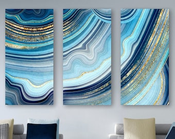 Azure Blue Geode Art Canvas, Illustration Of Gold + Crystals, Cerulean Blue + Gold Wall Art, Beautiful Modern Art Painting, Cool Canvas Art