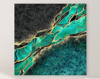 Jade Green + Gold Marble Canvas, Abstract Modern Art Crystal Painting, Large Gallery-Wrapped Wall Art, Home + Office Decor, Ready To Hang