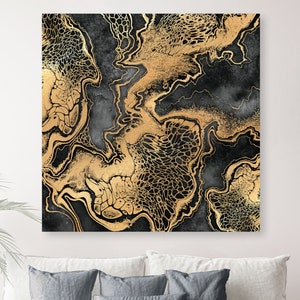 Black + Gold Fluid Art Canvas, Abstract Watercolor Modern Art Painting, Large Gallery-Wrapped Wall Art, Home + Office Decor, Ready To Hang