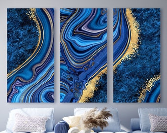 Marbled Blue Geode + Gold Canvas Print, Abstract Navy Blue/Gold Art Fluid Art Painting, Modern Wall Art, Home + Office Decor, Ready To Hang
