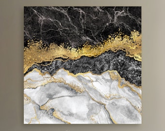 Black + Gold Marbled Canvas, Abstract Watercolor Modern Art Painting, Black + Gold Gallery-Grade Wall Art, Home/Office Decor, Ready To Hang