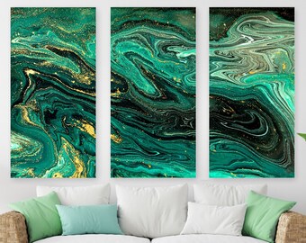 Emerald Green + Gold Canvas Art, Calming Abstract Fluid Art Painting, Gallery-Grade Modern Wall Art, Classy Home Decor, Ready To Hang Canvas