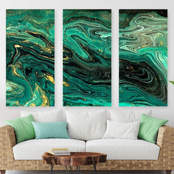 Emerald Green + Gold Canvas Art, Calming Abstract Fluid Art Painting, Gallery-Grade Modern Wall Art, Classy Home Decor, Ready To Hang Canvas