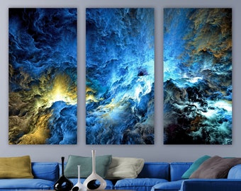 Blue Fractal Storm Clouds Canvas, Cool Abstract Fantasy Sky Painting, Epic Gallery-Wrapped Modern Wall Art, Home/Office Decor, Ready To Hang