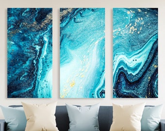 Teal Gold Fluid Art Canvas Print, Beautiful Abstract Modern Art, Blue Gold Wall Art, Lovely Wall Art, Beach House Decor, Calm Watercolor Art