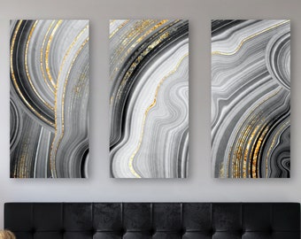 Marbled Gray Geode + Gold Canvas, Abstract Illustration Of Geode Crystal, Big Beautiful Modern Painting, Gray + Gold Home + Office Wall Art