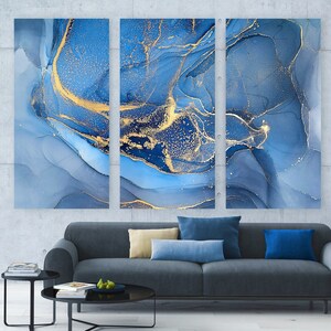 Sky Blue Gold Accents Canvas, Abstract Watercolor Modern Art Painting ...
