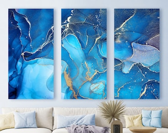 Gold Ripples + Sapphire Blue Canvas, Abstract Alcohol Ink Modern Painting, Calming Peaceful Blue + Gold Wall Art, Home Decor, Ready To Hang